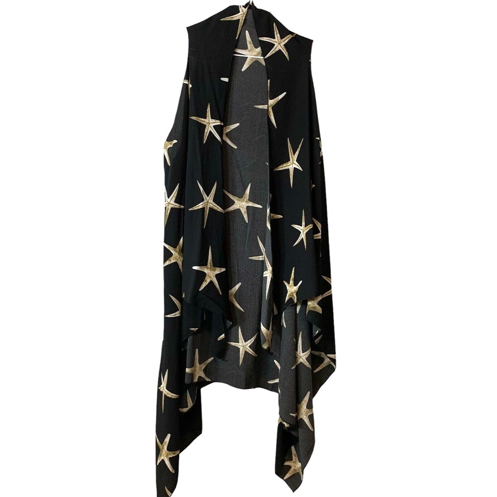 Made in Mexico Sleeveless Long Duster Black Gold Starfish Print Handkerchief Hem